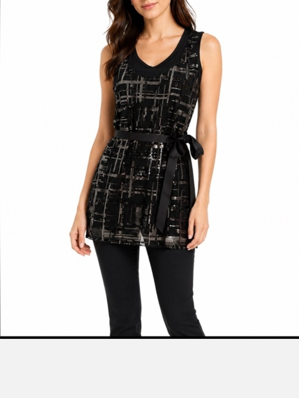 Sleeveless Black Sequined Tunic with Satin Belt
